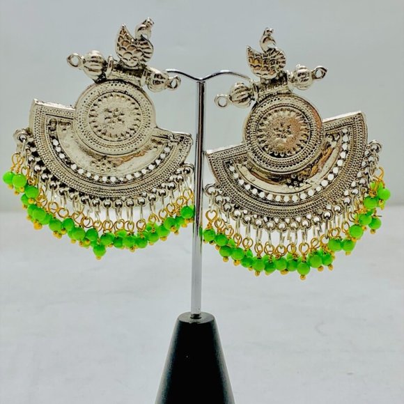 Indian Oxidized Big Earrings With Beads, Costume Handmade Earrings, - Picture 1 of 8